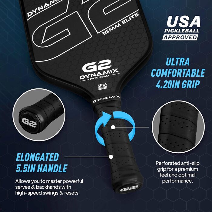 Плечовий ракетка для піклболу з вуглецевого волокна Gen-2, 16 мм, сертифікована USAPA, для професійних гравців, чорний грип/чорний край