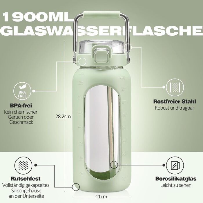 Мотиваційна пляшка для води HYDRAGLAZIC 1900 мл з трубочкою, нержавіючою ручкою, силіконовим чохлом, тайм-маркерами, скляна, світло-зелена