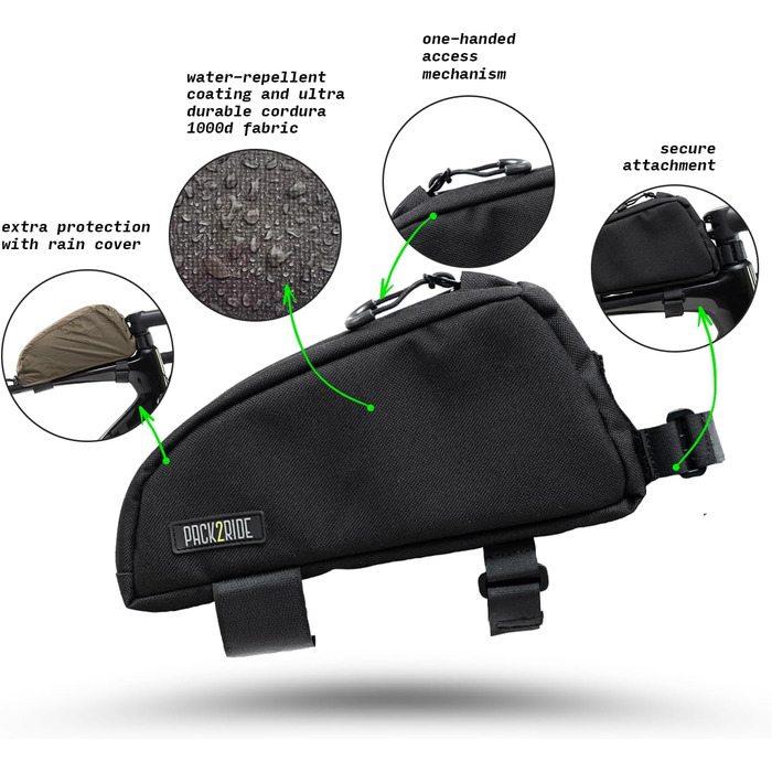 Велосумка PACK2RIDE Onedrop на раму, водостійка Cordura, 1.2 л, чорна – верхня трубка, для велоподорожей, байкпакінг