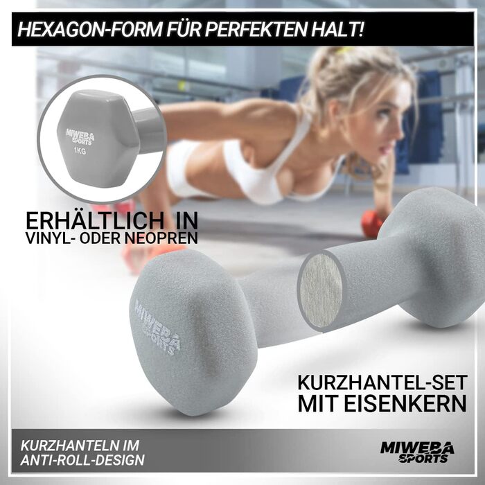 Набір гантелей Miweba Sports NKH120 неопрено-вініловий, 1/2/3 кг, гексагональні, з підставкою, рожеві/бірюзові/сині