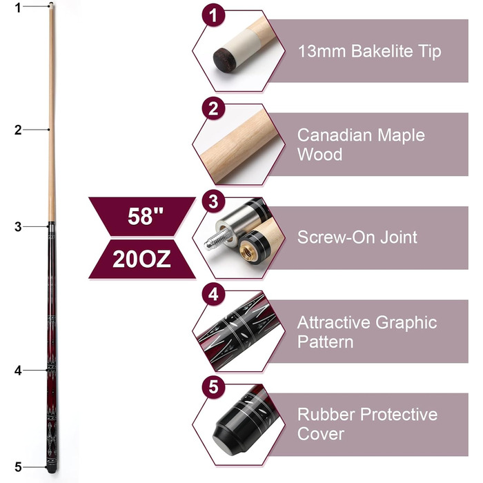 Більярдний кий ASMPCUE 58'' з чохлом з PU шкіри, канадський клен, 13 мм наконечники, для професійних гравців