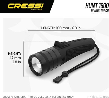 Ліхтар Cressi Hunt Torch 1600 Black - LED для дайвінгу, риболовлі та пошуку під водою, 1600 люмен, водонепроникний IPX8, 100 м