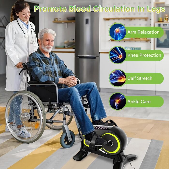 Електричний тренажер для ніг TODO для літніх людей, міні-велотренажер для дому з 12 рівнями швидкості, 6 рівнями опору, LCD-дисплеєм та пультом керування, чорний