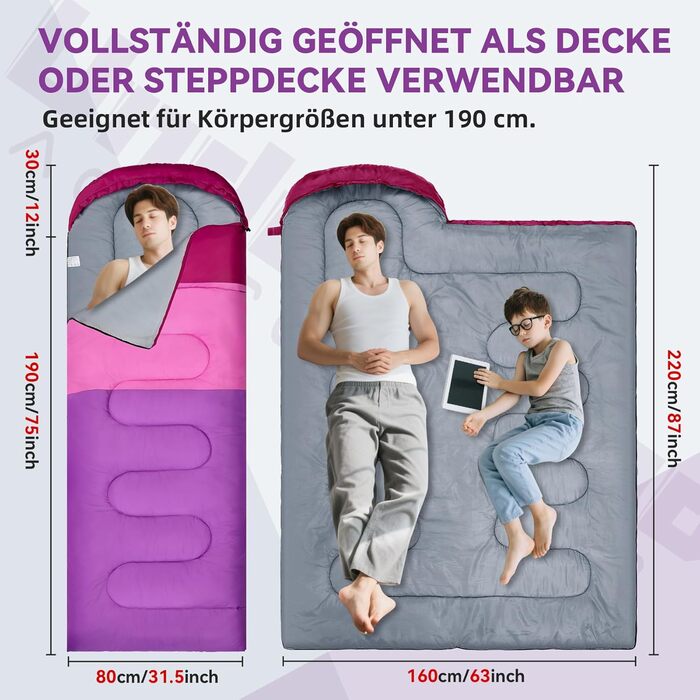 Спальні мішки для дорослих та дітей – ультралегкі, компактні, 3-сезонні спальні мішки для кемпінгу (фіолетовий), 1,3 кг