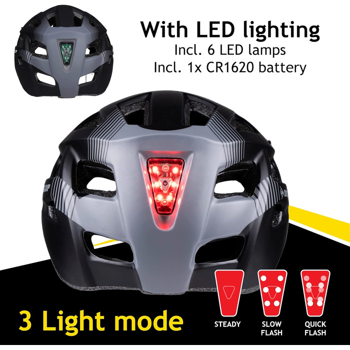 Велосипедний шолом Dunlop з LED-підсвіткою для жінок і чоловіків, розмір 55-58 см, чорний, 3 режими світла, регульований