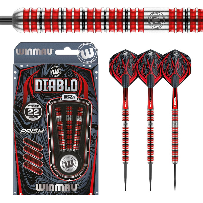 Професійні дротики для дартсу WINMAU Diablo 24 г, сталевий наконечник, вольфрам, з оперенням і хвостовиками, паралельні
