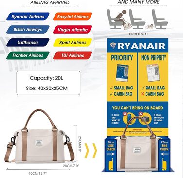 Дорожня сумка для жінок 40x20x25 см водонепроникна, ручна поклажа Ryanair, спортивна сумка з відділенням для взуття, бежево-коричнева