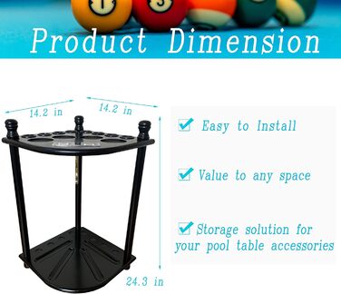 Підставка для київ для більярду на підлозі для 8 київ та аксесуарів, дерев'яна, кутова, з гачками та табло (чорний торс)