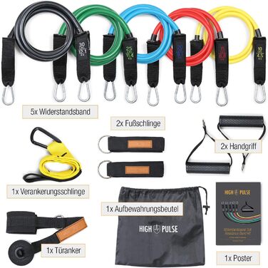 Набір еластичних стрічок High Pulse® з 5 рівнями опору, включаючи петлі для ніг, ручки, анкер для дверей, експандер та постер з вправами для фітнесу – стрічки опору для силових тренувань, домашніх занять та йоги