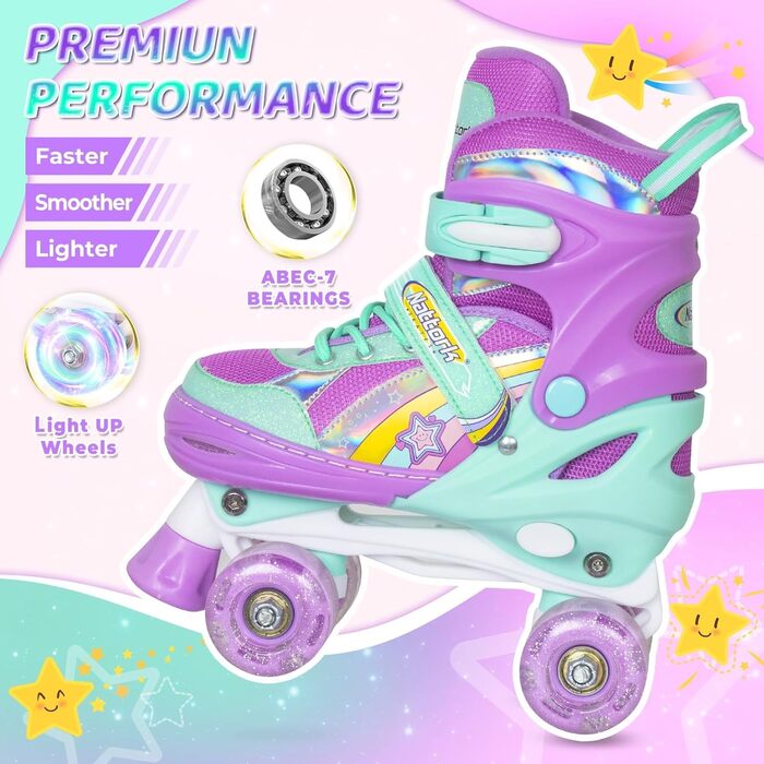 Дитячі ролики Nattork для дівчаток, 4-разове регулювання, кольори веселки – ідеальний подарунок для активного відпочинку (M (32-36 EU / 205-230 MM), Petrol)