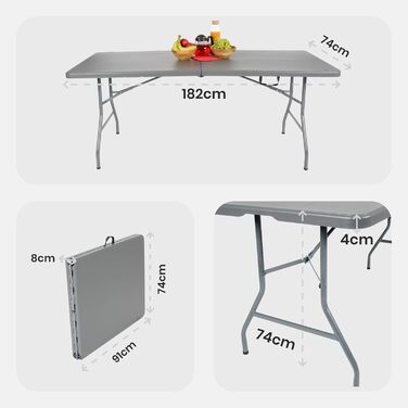 Складаний садовий стіл Arebos Buffettisch 182x74x74 см | Стіл для вечірки, відпочинку, кемпінгу | 8 осіб | Антрацит