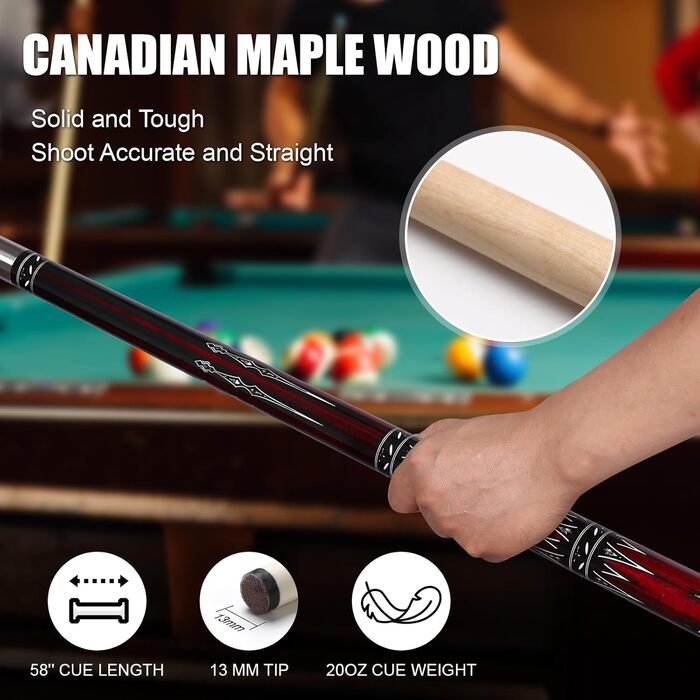 Більярдний кий ASMPCUE 58'' з чохлом з PU шкіри, канадський клен, 13 мм наконечники, для професійних гравців