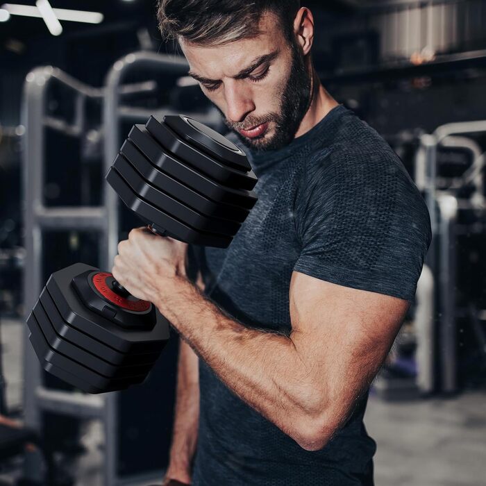 Набір гантелей Dripex: 11 кг, 24.5 кг, 41 кг. Короткі гантелі з антиковзним покриттям, регульовані диски та підставка. Для фітнесу, окремо або пара (червоний 25 кг x1 (10 рівнів регулювання))