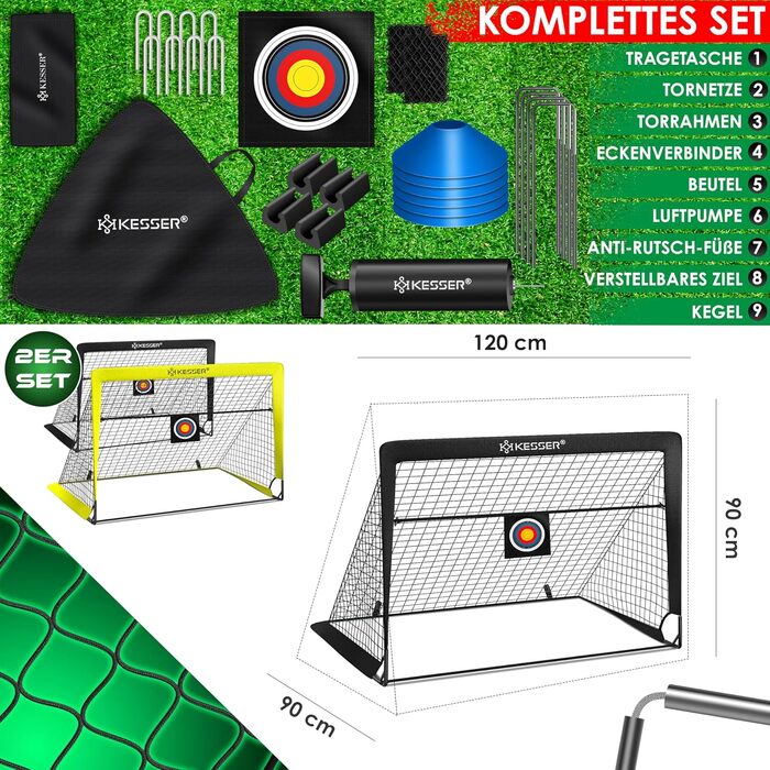 Дитячі футбольні ворота KESSER Pop-Up, 2 шт., складані, з фібергласовими стійками, сіткою, для вулиці та кімнати, з сумкою, 6 фішок, насосом, мішенню, жовті/чорні