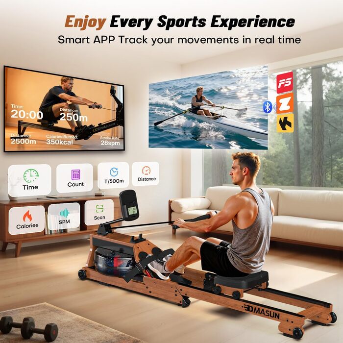DMASUN Ручний тренажер для дому з магнітним опором, подвійні направляючі, LCD-дисплей, 16 рівнів опору, до 160 кг, вологостійкий (натуральне дерево)