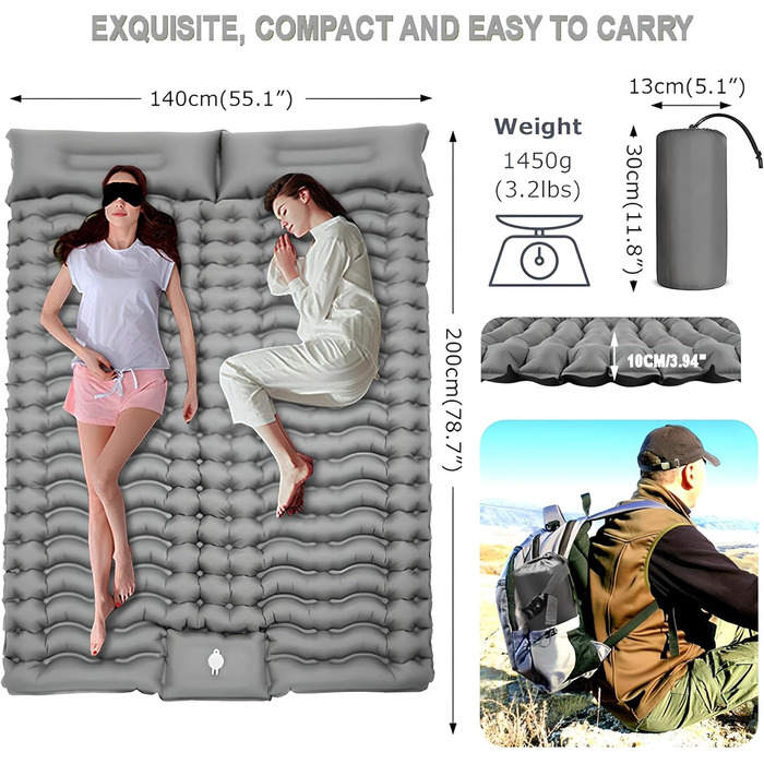 Килимок для кемпінгу YuanDiann 200x140 см на 2 особи, самонадувний, легкий, комфортний, з подушкою та насосом