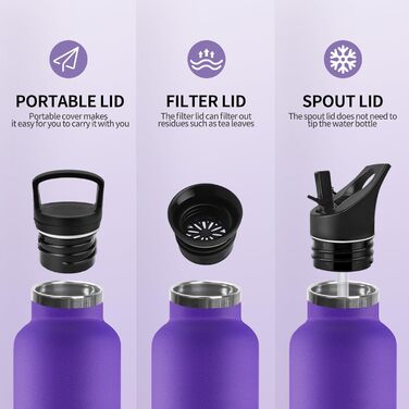 Термопляшка 500 мл, нержавіюча сталь, з соломкою, BPA Free, подвійні стінки, ізольована, для води, термопляшка, підходить для газованої води, кольори: темно-синій та темно-фіолетовий