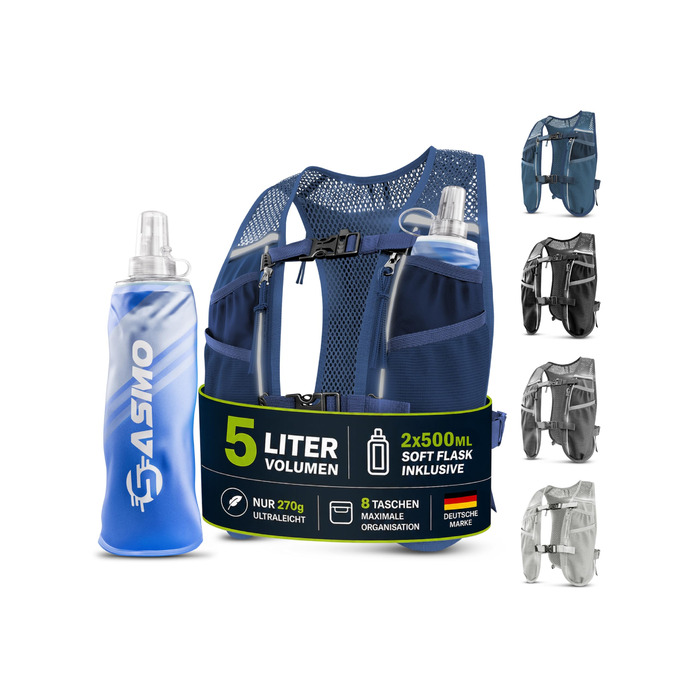 Жилет для бігу SASMO® унісекс (2L) - легкий, дихаючий, 8 кишень, гідратор 5L (2x500мл), темно-синій