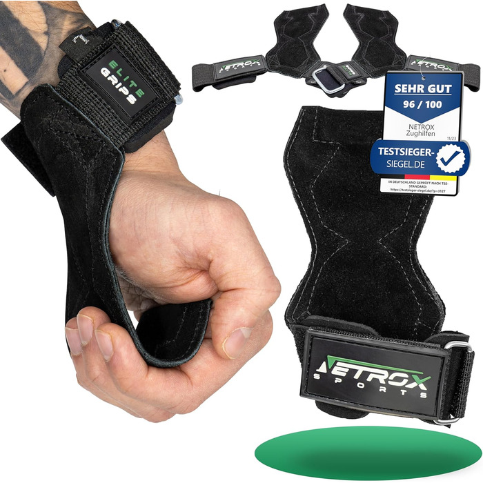 NetroxSports Elite Grips – шкіряні зчеплення для тяги, фітнес-ремінці для важкої атлетики, бодібілдингу з захистом зап'ястя, для чоловіків і жінок