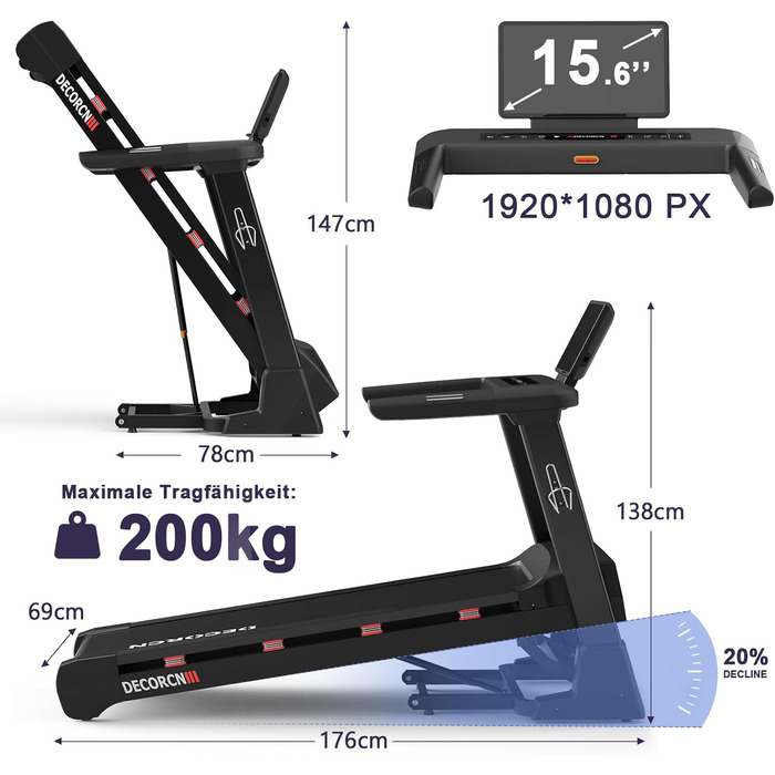 Біговий тренажер для дому Klappbar, з регулюванням нахилу, тихий мотор, велика площа для бігу, WiFi, Bluetooth, APP, німецька якість, сертифікований TÜV (G Series 10)