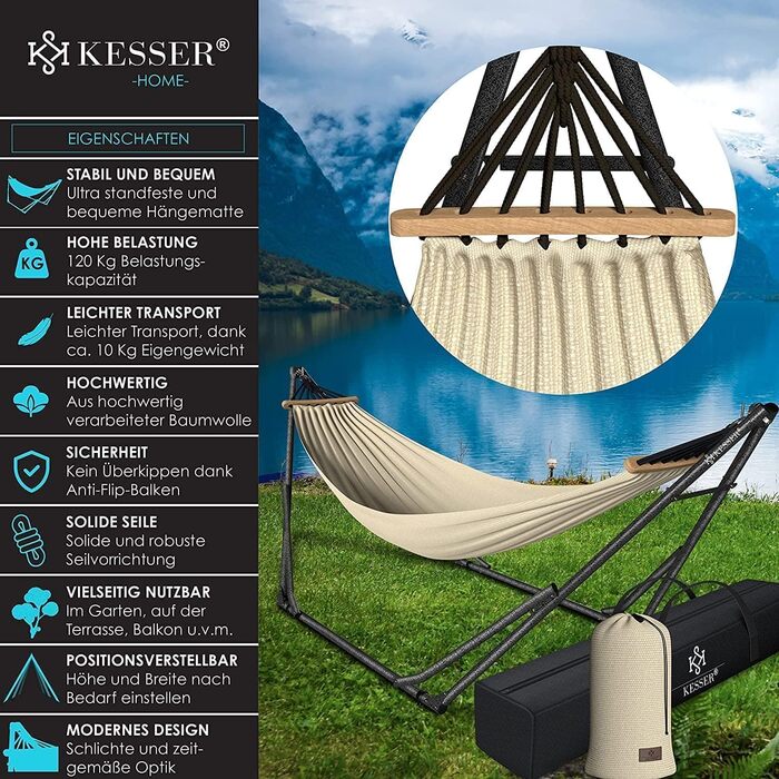 Гамак KESSER® з металевим каркасом: розкладний, регульований, стабільний. Для дому та вулиці (кемпінг, сад, басейн, балкон, тераса). У комплекті сумка. Колір: бежевий.