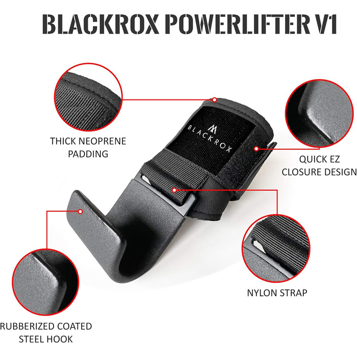 BLACKROX гачки для тяги V1 для пауерліфтингу, бодібілдингу, 2 шт, металеві гачки з м'якою фіксацією на зап'ястя, для важкої атлетики та кросфіту, чорні