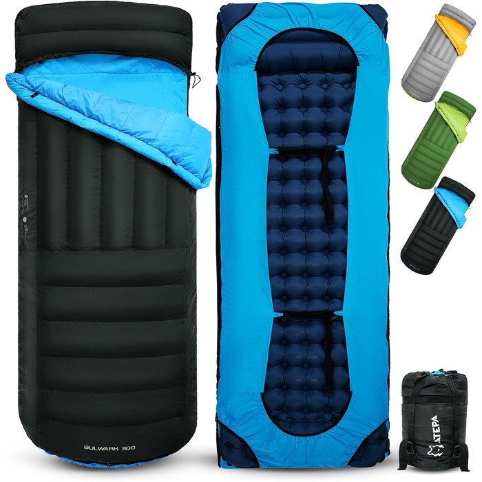 Спальний мішок ATEPA Ultraleicht Daunenschlafsack: Легкий, компактний, 3-сезонний (12°C/6°C/-1°C), водонепроникний, для кемпінгу, походів, трекінгу та рюкзакових подорожей, з компресійним мішком ThermaCore, чорний