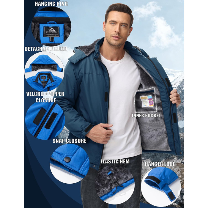 Чоловіча зимова куртка MAGCOMSEN: водонепроникна, тепла, з флісовою підкладкою, вітрозахисна, для активного відпочинку та походів, знімний капюшон, колір темно-синій