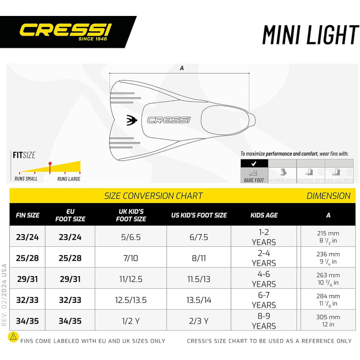 Ласти дитячі CRESSI Mini Light жовті, 34/35 - для плавання, снорклінгу та дайвінгу