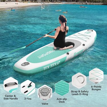 FBSPORT Stand Up Paddling Board (SUP) 335см: надувний сапборд для дорослих з антиковзким покриттям, 160кг, комплект з веслом, насосом та аксесуарами для йоги, подорожей та серфінгу (м'ятний)