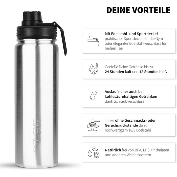 Термос-пляшка зі сталі 720°DGREE noLimit 710 мл, Solid Stainless — зберігає тепло до 12 год та холод до 24 год