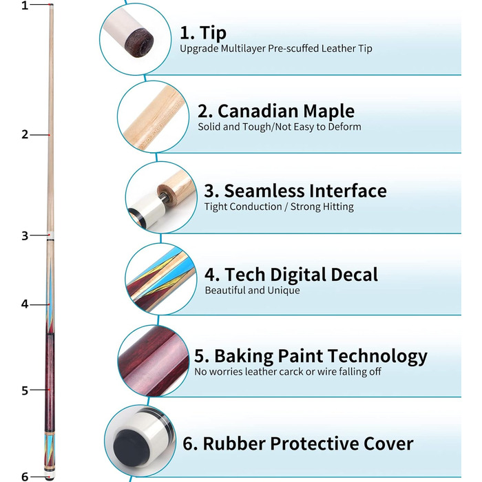 Набір для більярду Aklot Pool-Queue (2/3/4 частини), 147.3 см, дорослі, канадський клен, полірувальний набір