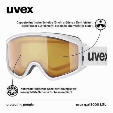 Гірськолижна маска Uvex g.gl 3000 LGL унісекс, біла матова з лінзою LaserGold Lite-Blue, посилення контрасту та захист від запотівання