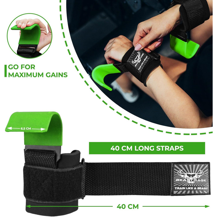 Набори для важкої атлетики BEAST RAGE: вантажні гачки, ремені для зап'ястя, неопренові, з гумовим покриттям, фітнес-бандажі, протиковзкі, для підйому штанги, тренувань, фітнес-клубу, чоловічі та жіночі (зелені)