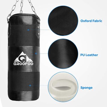 Боксерський мішок для дітей та дорослих GROOFOO, 100x33 см, чорний, Oxford, міцний, для боксу, MMA, Муай Тай, без наповнювача