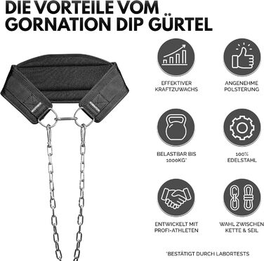 GORNATION Пояс для підтягувань і діпів з ланцюгом або мотузкою, до 1000 кг, для кросфіту, бодібілдингу та силових тренувань