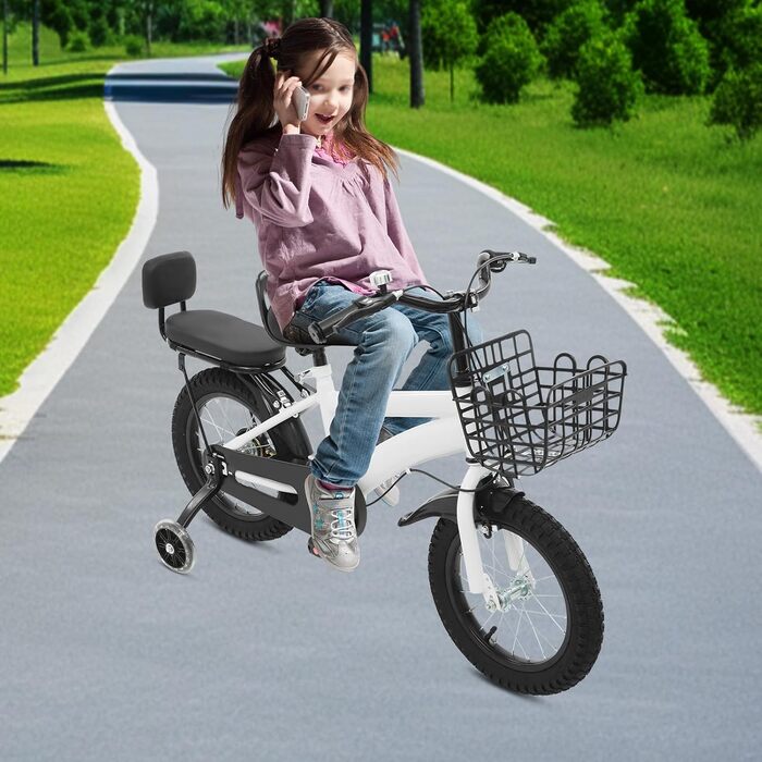 Дитяче велосипед 14 дюймів з додатковими колесами та кошиком, для дітей 3-7 років, регульоване по висоті, з подвійним гальмом, для дівчаток та хлопчиків (білий)