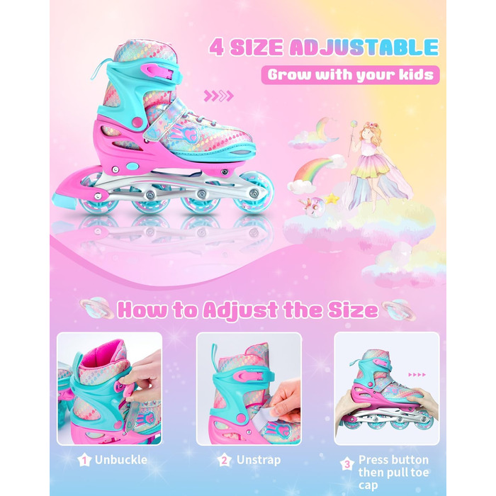Дитячі ролики Sportneer з регулюванням 30-41, комплект з 6 захисниками та LED, рожевий, EU 34-37