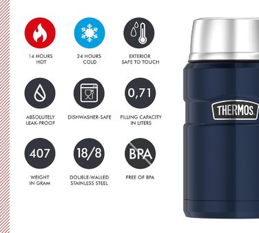 Термос STAINLESS KING для їжі чорний матовий 0,47л - нержавіюча сталь, абсолютно герметичний, зберігає їжу гарячою 9 годин та холодною 14 годин, з відкидним ложкою, без BPA (Midnight Blue Polished, 0,71 л)