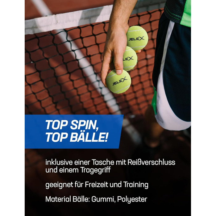 Тенісні м'ячі JELEX Tiebreak, 24 шт, жовті, без тиску, фетрове покриття, 6,37 см, у комплекті з сумкою для зберігання