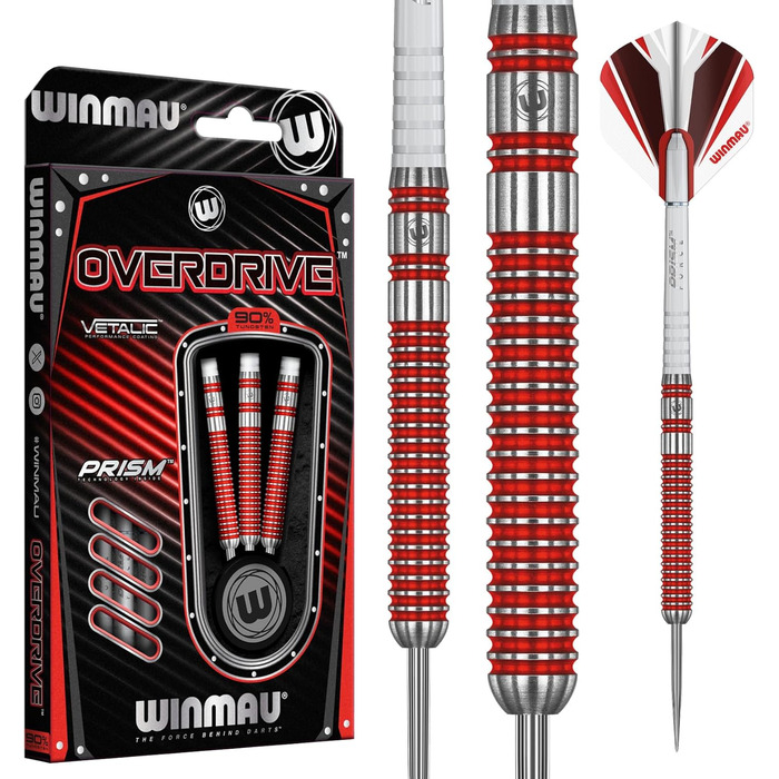 Дротики WINMAU Overdrive із вольфраму, сталевий наконечник, з призмовими крилами та держателями