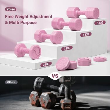 Набір гантелей Yoleo регульований 2/4 шт. для дому, 2 кг, 3 кг, 4 кг, 5 кг, з м'яким TPR-покриттям, для тренувань всього тіла (рожевий)