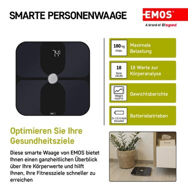 Розумні ваги EMOS GoSmart для дому: аналіз жиру, м'язової маси, ІМТ, 18 параметрів, Bluetooth, додаток, ITO-скло, до 180 кг, чорні