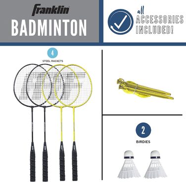 Бадмінтон Franklin Sports: Набір для гри на вулиці (4 ракетки, 2 волани, переносний сітка) - Сімейний набір для дорослих та дітей