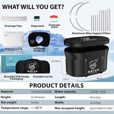 Еліптична ванна для криотерапії XL від Brisk Bear з кришкою – велика ванна для відновлення після спорту з цифровим таймером – холодне занурення для розслаблення та зняття напруги