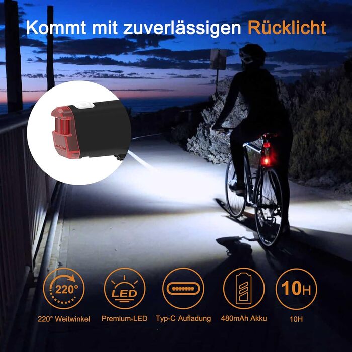 Owleye: комплект велоліхтарів на сонячній енергії, USB-зарядка (Type-C), StVZO, передній + задній ліхтар LED