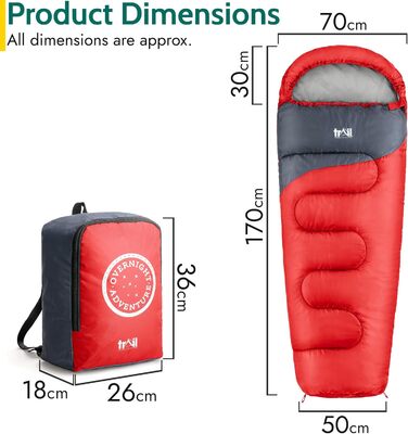 Дитячий спальний мішок Trail Mumienschlafsack 3 сезони для кемпінгу – 300gsm – для хлопчиків та дівчаток – з легким рюкзаком (Червоний)
