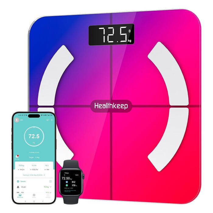 Персональні ваги Healthkeep з імпедансометрією, Bluetooth, високою точністю, 13 індикаторами, додатком для Android та iOS, макс. вага 180 кг, 28x28 см, мультиколір