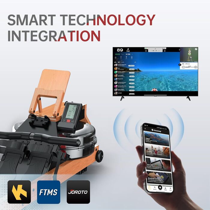 Гребний тренажер JOROTO MR280PROB для дому з дуба, з Bluetooth, складний, з дисплеєм та підтримкою Kinomap, регульований тримач для планшета, до 150 кг