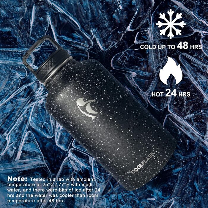 Термос-банка Coolflask 2 л з трубочкою, 3 кришки, вакуумна пляшка з нержавіючої сталі для спорту і подорожей, Starry Black, 2000 мл, чорна
